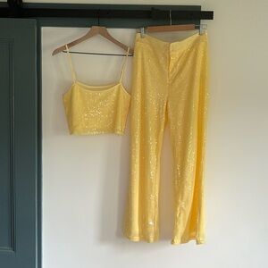 Butter yellow sequin crop top & trouser set
